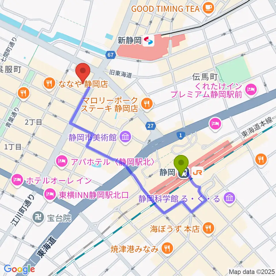 静岡駅からしずぎんホールユーフォニアへのルートマップ地図