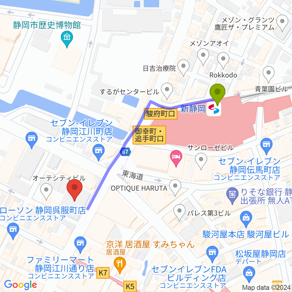 しずぎんホールユーフォニアの最寄駅新静岡駅からの徒歩ルート（約5分）地図