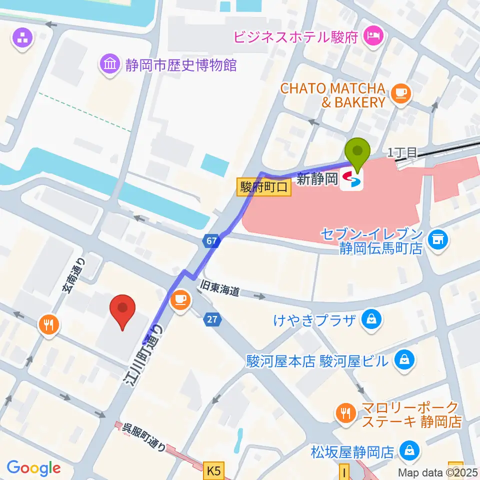 しずぎんホールユーフォニアの最寄駅新静岡駅からの徒歩ルート（約5分）地図