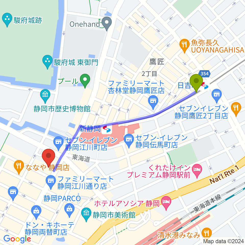 日吉町駅からしずぎんホールユーフォニアへのルートマップ地図