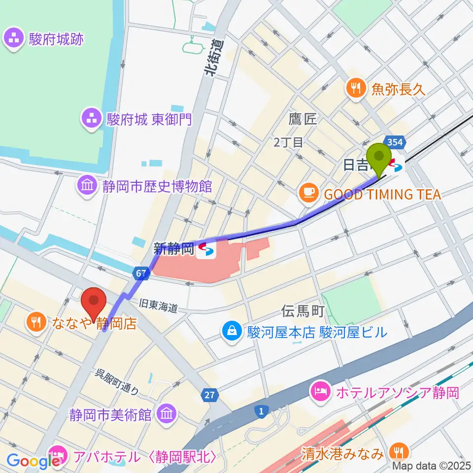 日吉町駅からしずぎんホールユーフォニアへのルートマップ地図