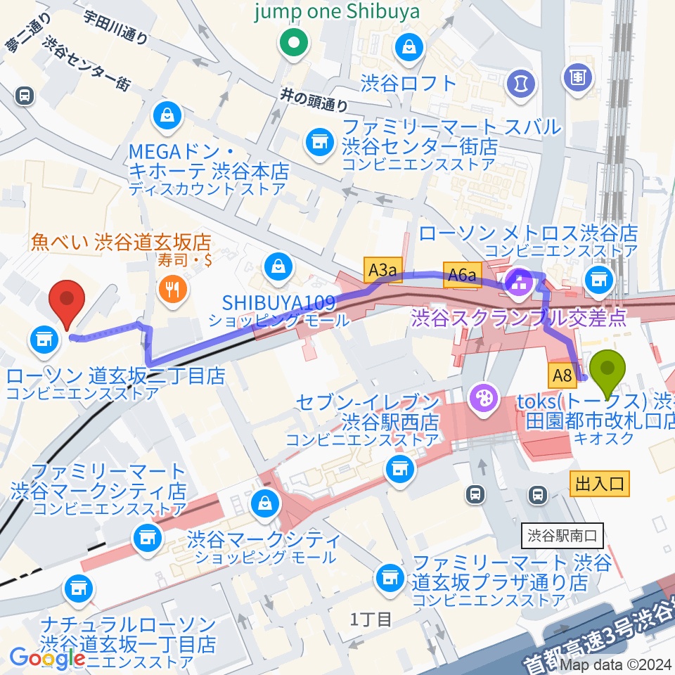 渋谷KO-KOの最寄駅渋谷駅からの徒歩ルート（約6分）地図