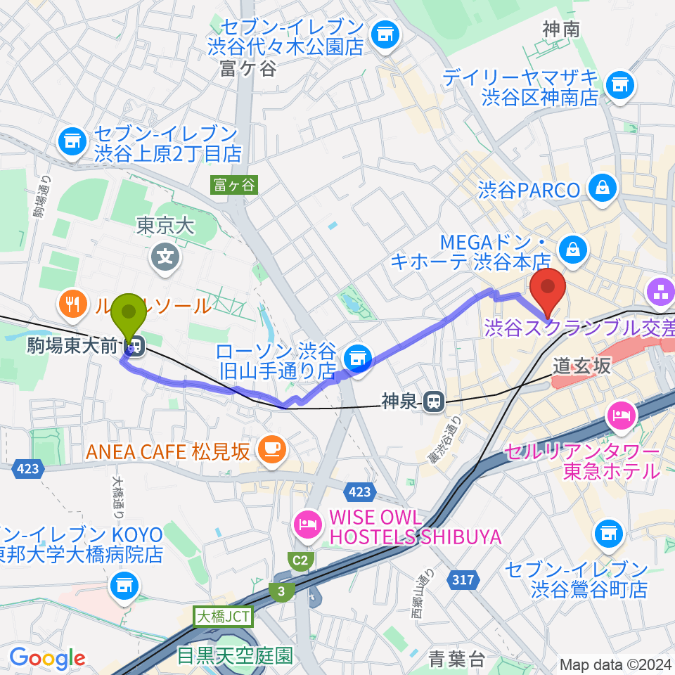 駒場東大前駅から渋谷KO-KOへのルートマップ地図