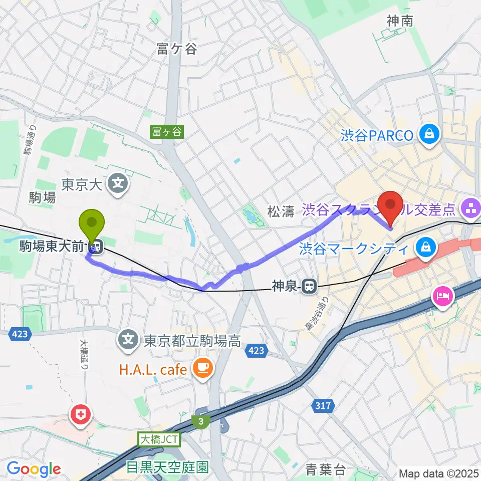 駒場東大前駅から渋谷KO-KOへのルートマップ地図