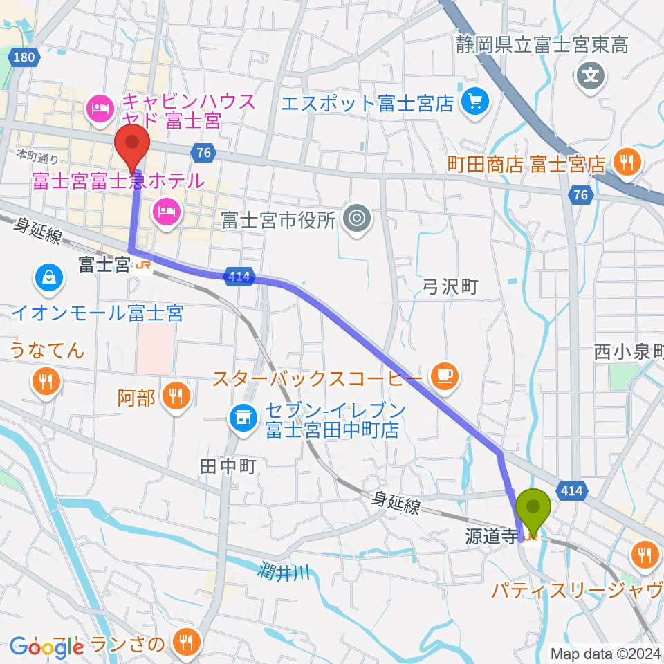 源道寺駅からロックハウスポパイへのルートマップ地図