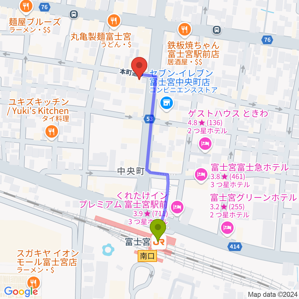 ロックハウスポパイの最寄駅富士宮駅からの徒歩ルート（約4分）地図