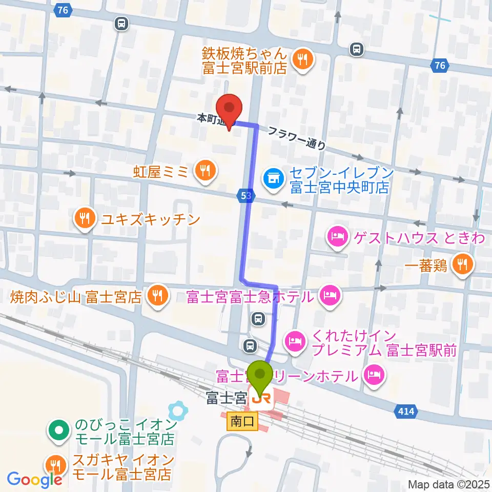 ロックハウスポパイの最寄駅富士宮駅からの徒歩ルート（約4分）地図