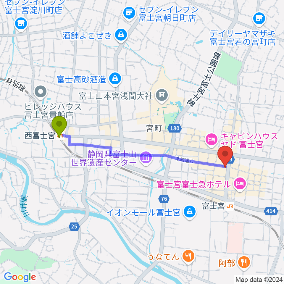 西富士宮駅からロックハウスポパイへのルートマップ地図