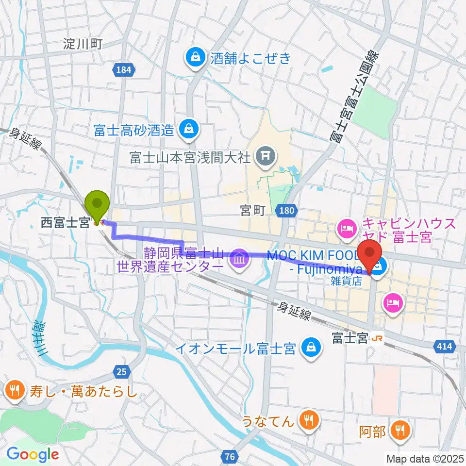 西富士宮駅からロックハウスポパイへのルートマップ地図
