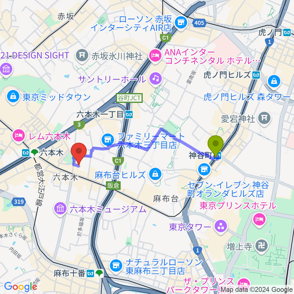 神谷町駅から六本木REAL DIVA'Sへのルートマップ地図