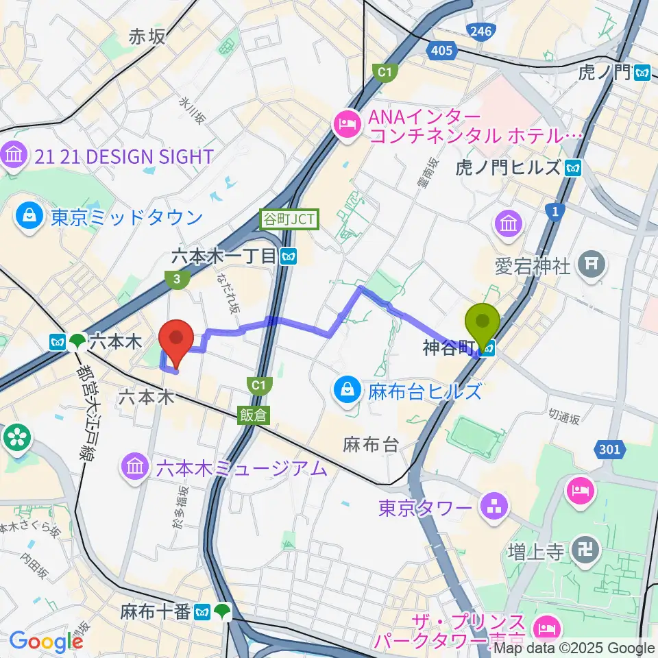 神谷町駅から六本木REAL DIVA'Sへのルートマップ地図