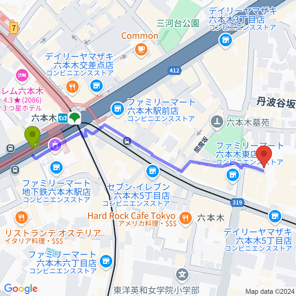 六本木REAL DIVA'Sの最寄駅六本木駅からの徒歩ルート（約6分）地図