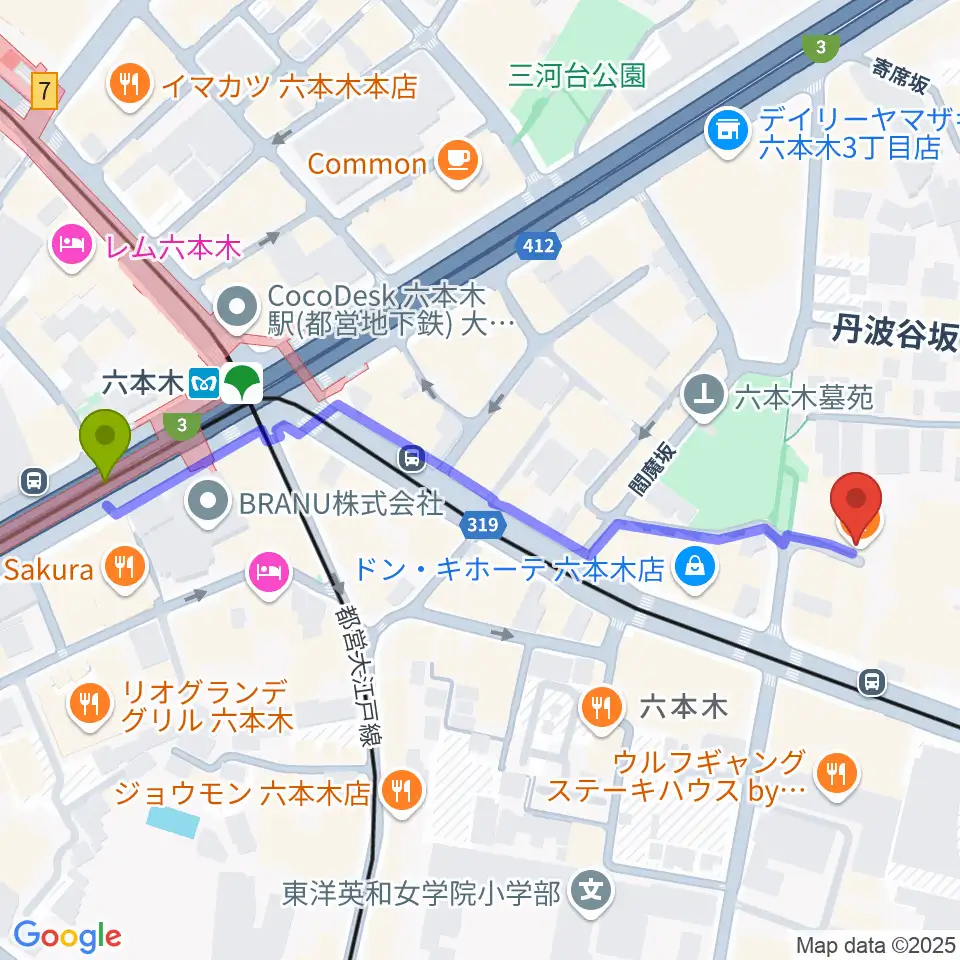 六本木REAL DIVA'Sの最寄駅六本木駅からの徒歩ルート（約6分）地図