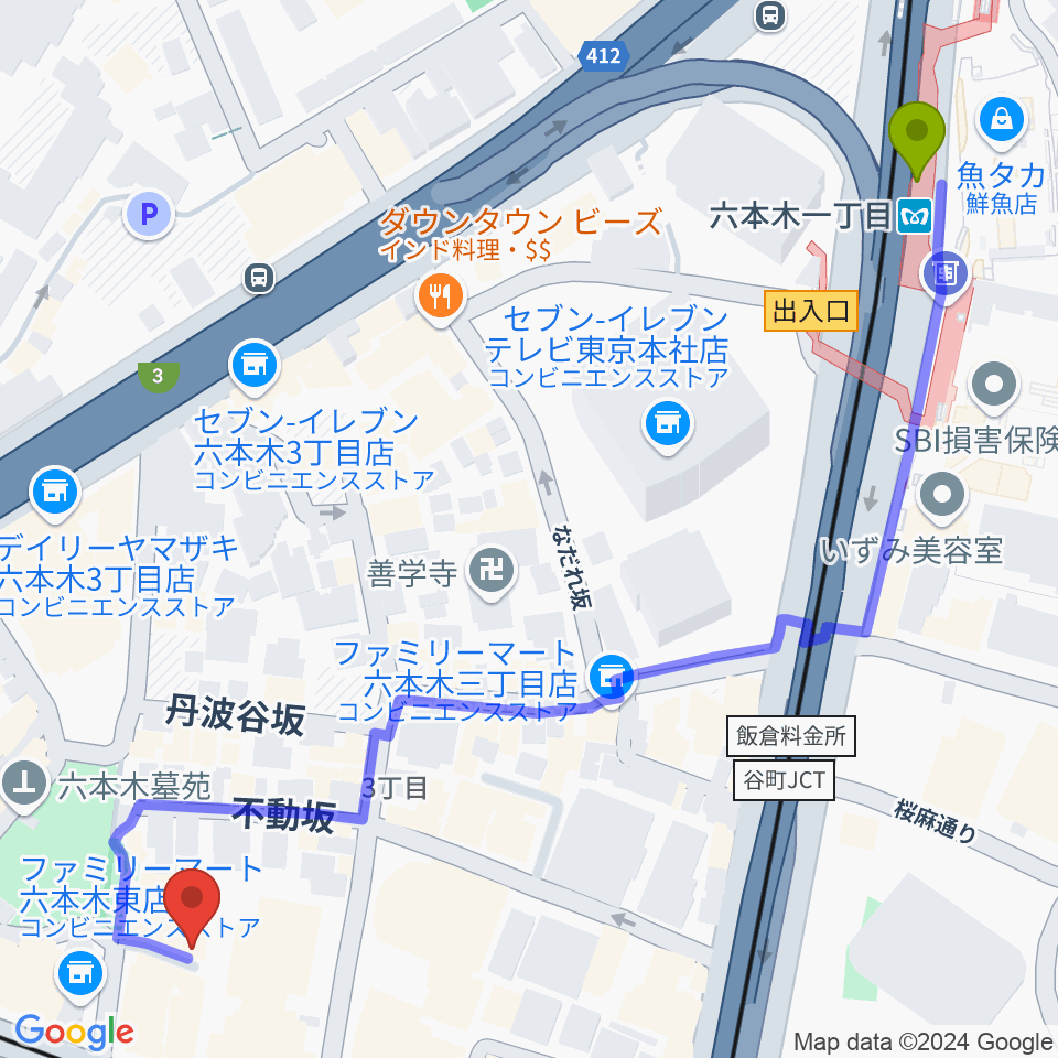 六本木一丁目駅から六本木REAL DIVA'Sへのルートマップ地図