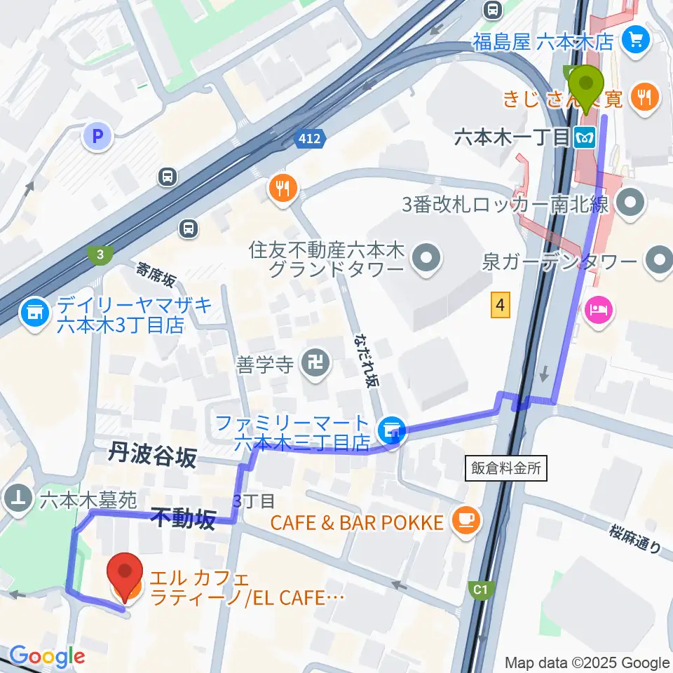 六本木一丁目駅から六本木REAL DIVA'Sへのルートマップ地図