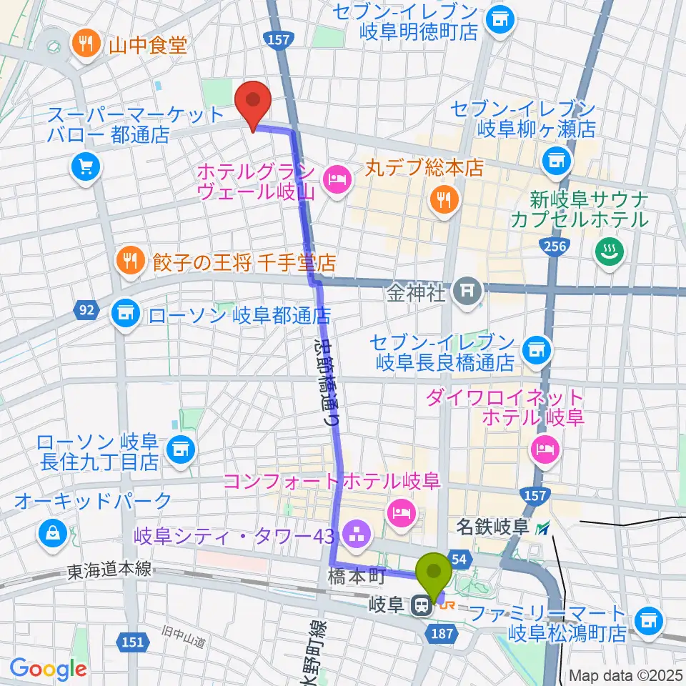 岐阜駅からクララザール じゅうろく音楽堂へのルートマップ地図