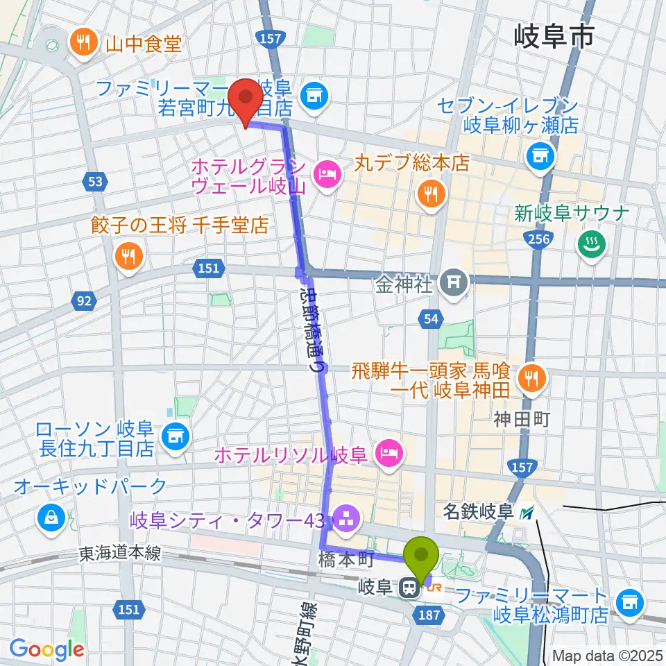 岐阜駅からクララザール じゅうろく音楽堂へのルートマップ地図