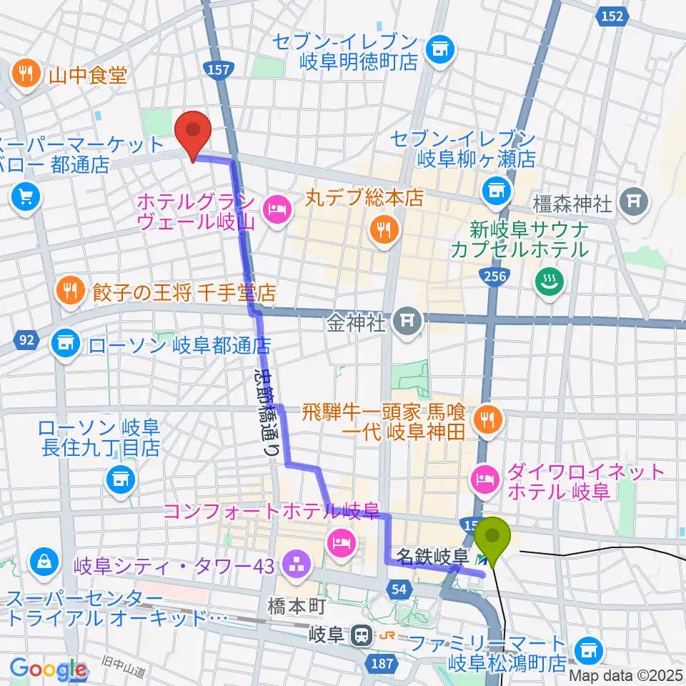 クララザール じゅうろく音楽堂の最寄駅名鉄岐阜駅からの徒歩ルート（約23分）地図