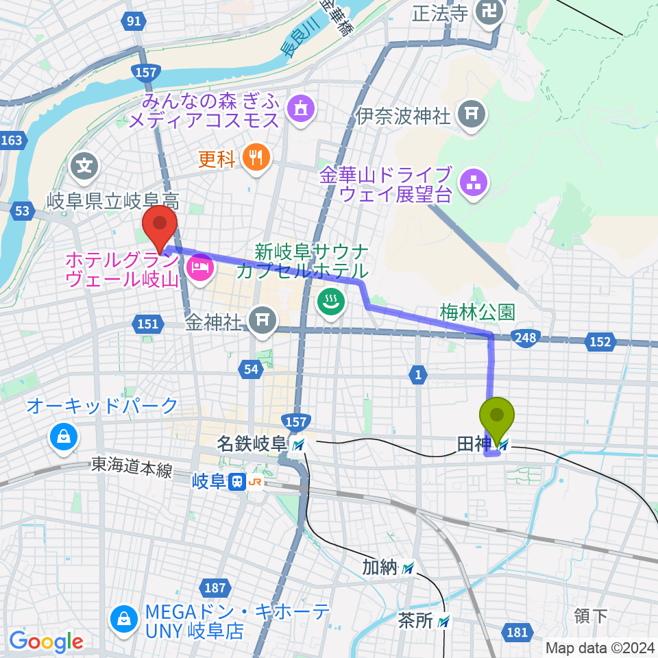 田神駅からクララザール じゅうろく音楽堂へのルートマップ地図