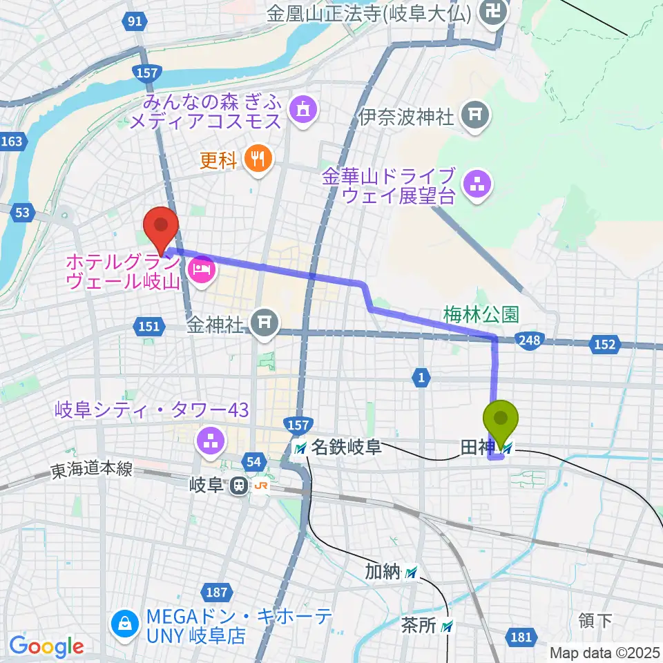 田神駅からクララザール じゅうろく音楽堂へのルートマップ地図