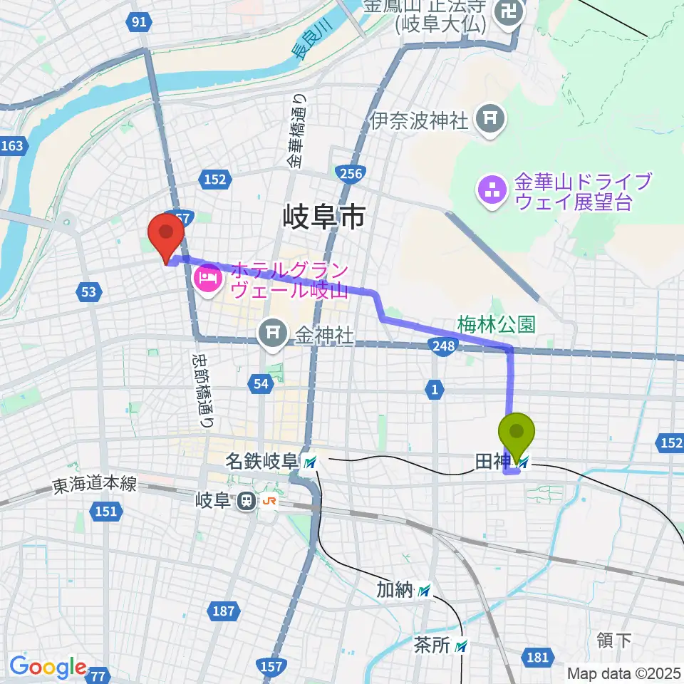 田神駅からクララザール じゅうろく音楽堂へのルートマップ地図