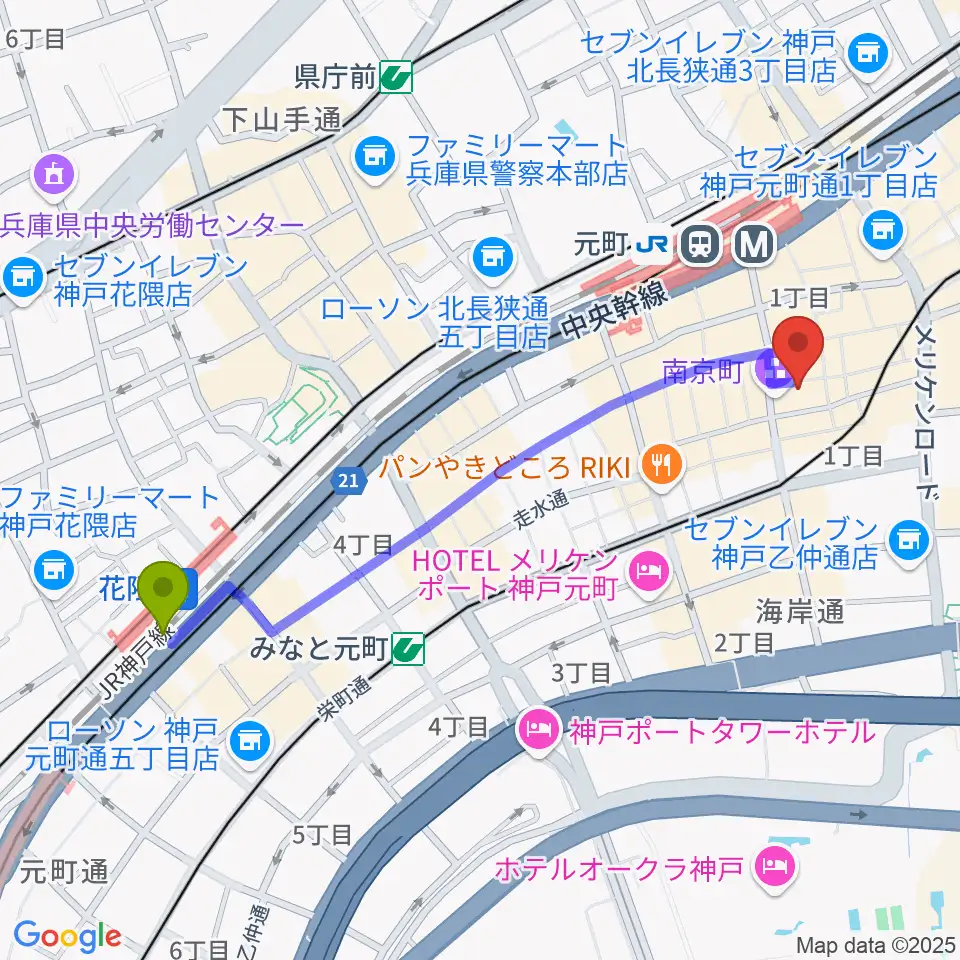 花隈駅からアルチザンハウス神戸へのルートマップ地図