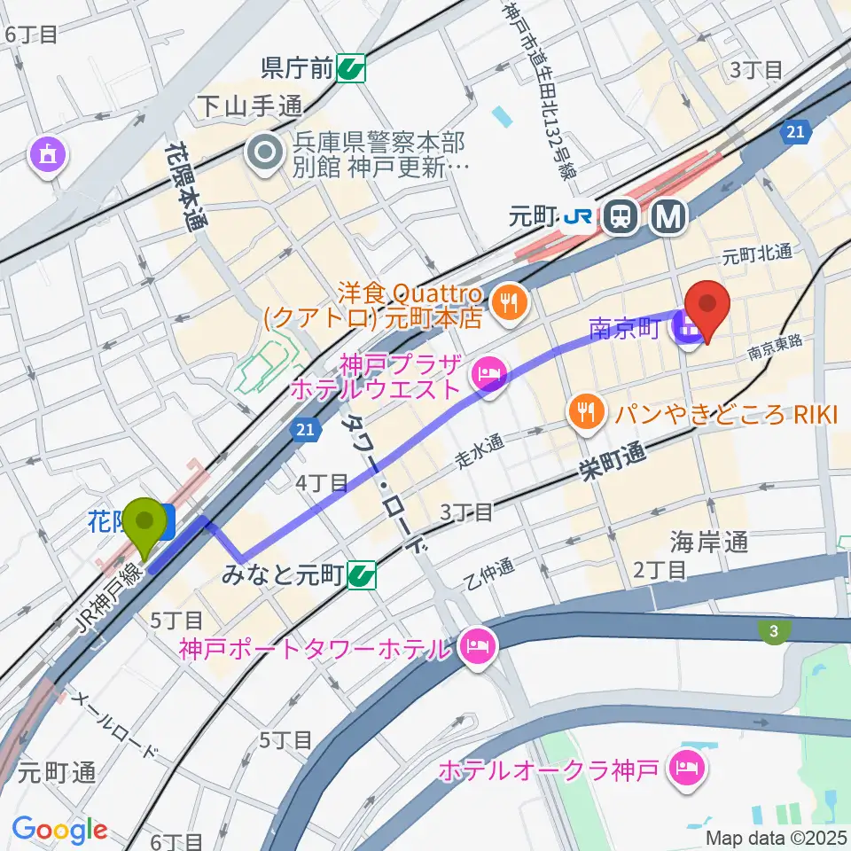 花隈駅からアルチザンハウス神戸へのルートマップ地図