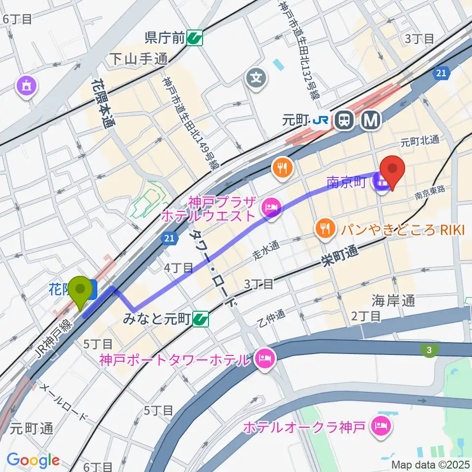 花隈駅からアルチザンハウス神戸へのルートマップ地図