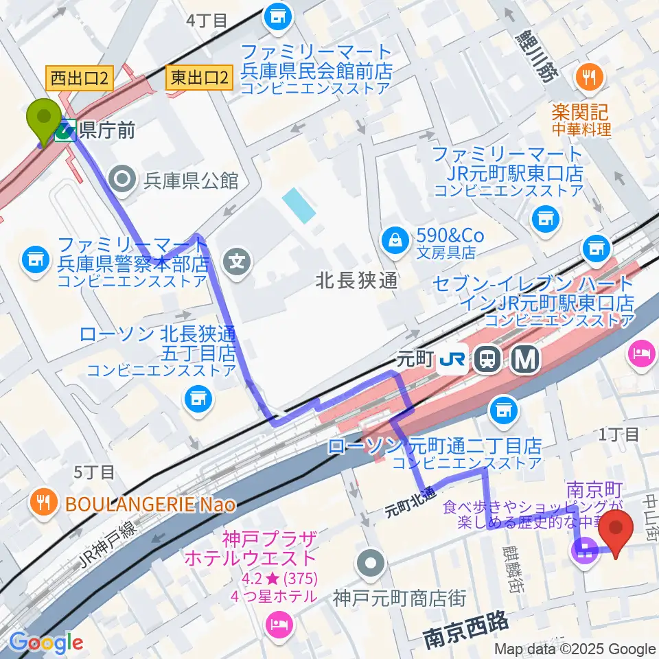 県庁前駅からアルチザンハウス神戸へのルートマップ地図