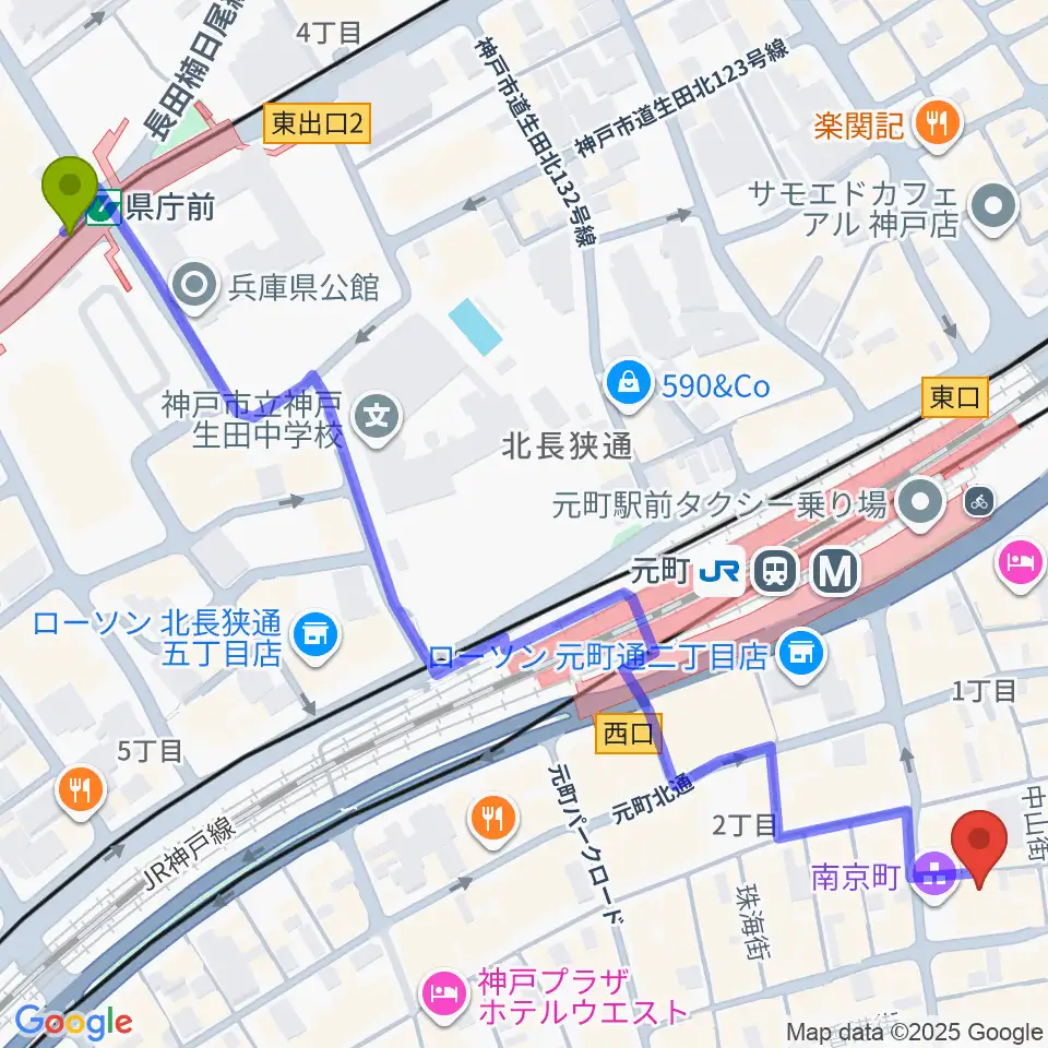 県庁前駅からアルチザンハウス神戸へのルートマップ地図