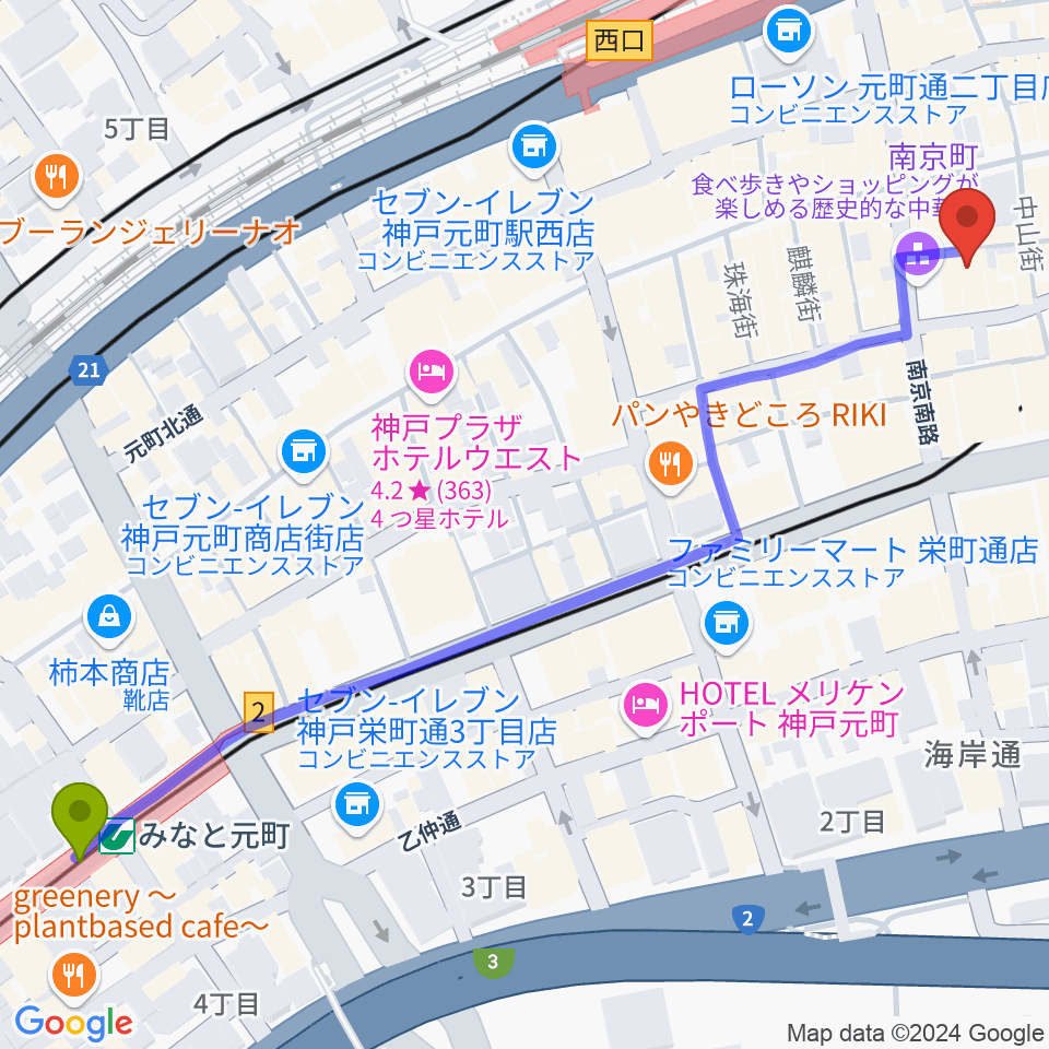 みなと元町駅からアルチザンハウス神戸へのルートマップ地図