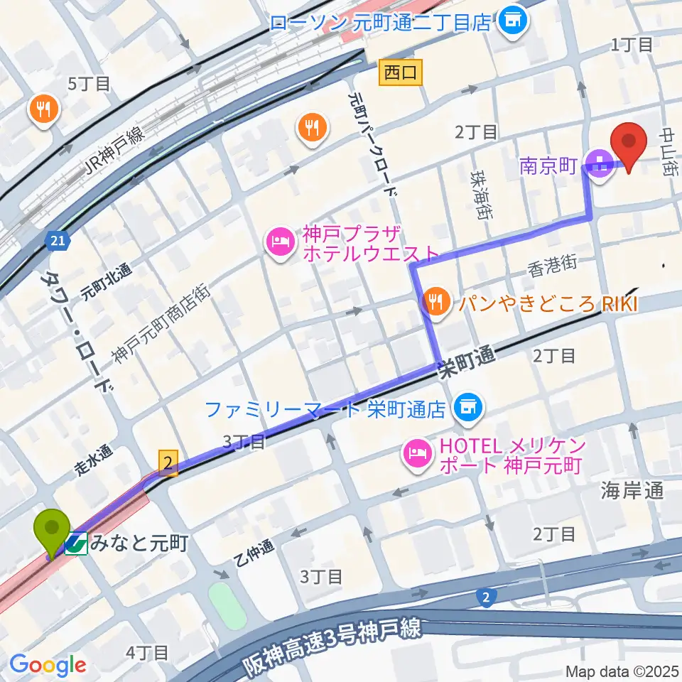 みなと元町駅からアルチザンハウス神戸へのルートマップ地図