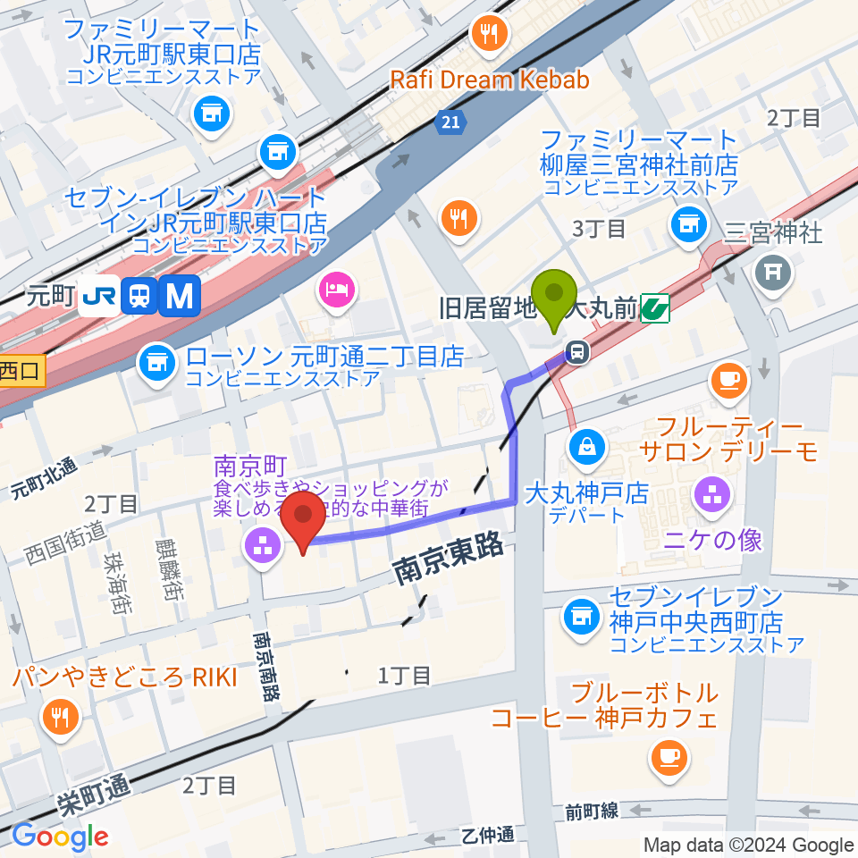 旧居留地・大丸前駅からアルチザンハウス神戸へのルートマップ地図