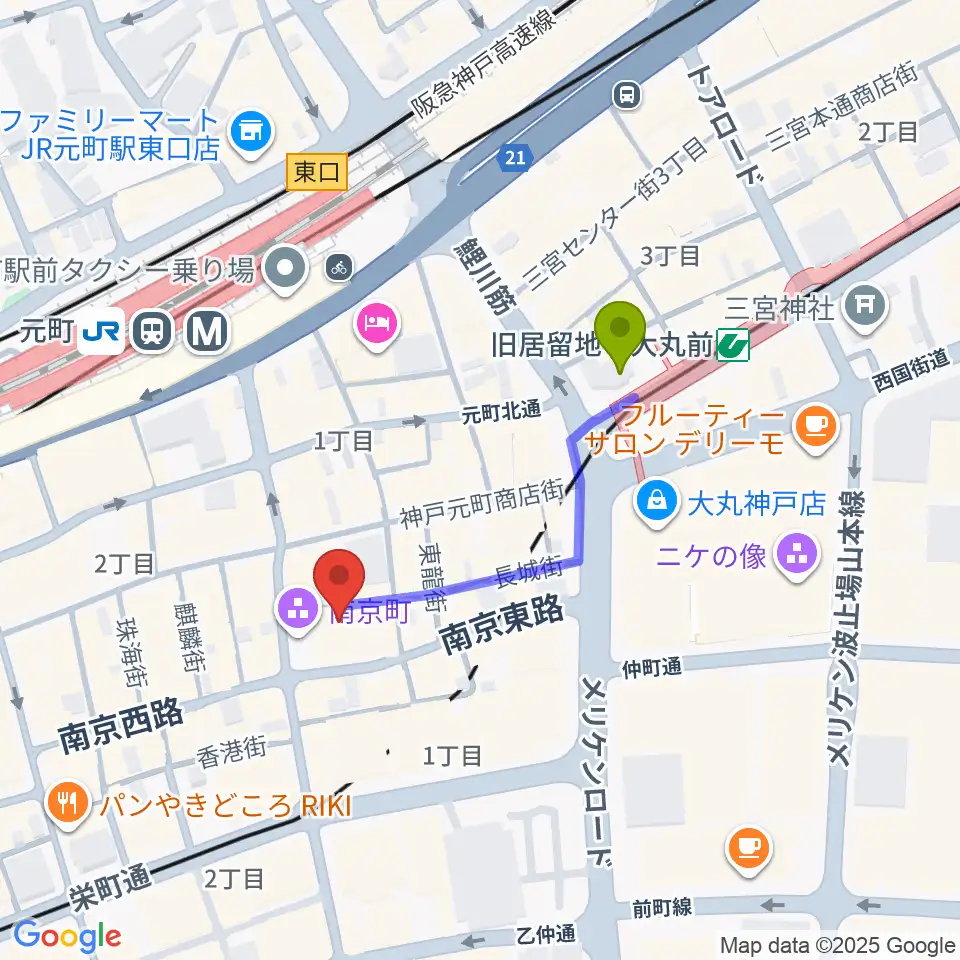 旧居留地・大丸前駅からアルチザンハウス神戸へのルートマップ地図