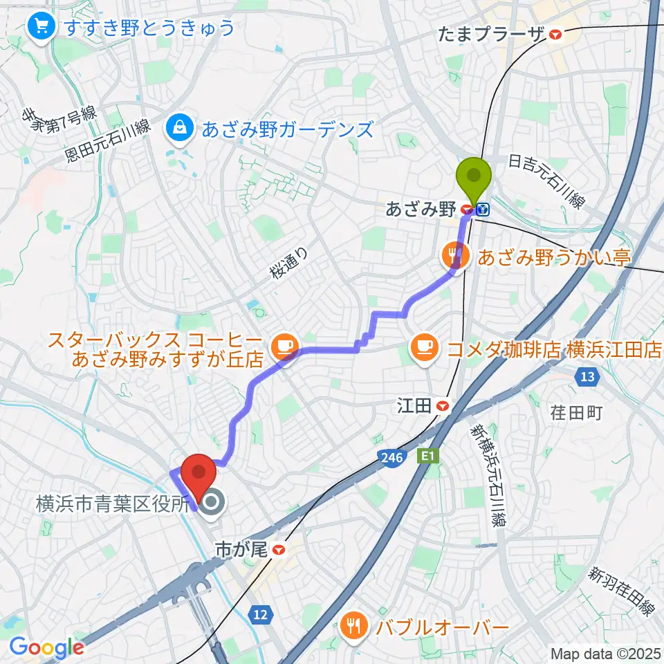 あざみ野駅から横浜市青葉公会堂へのルートマップ地図