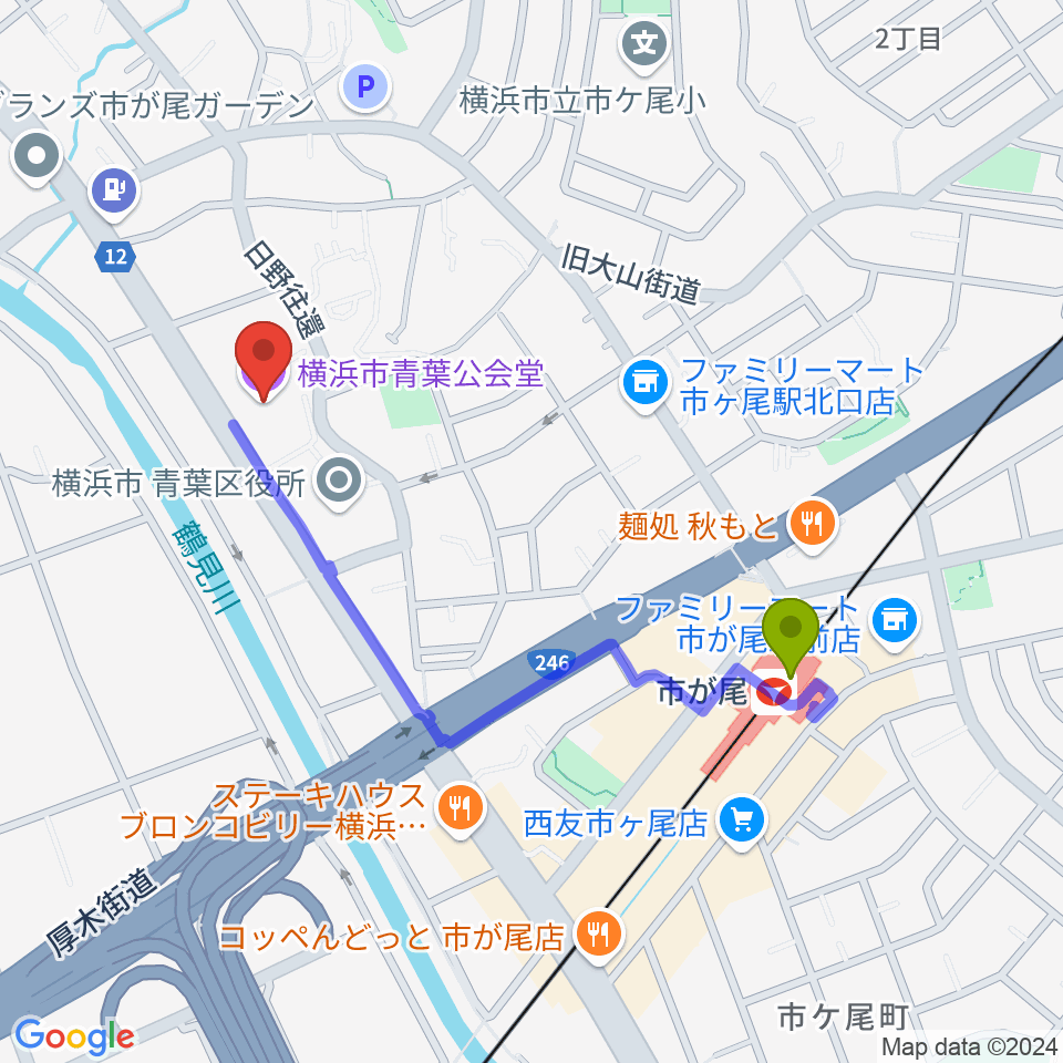 横浜市青葉公会堂の最寄駅市が尾駅からの徒歩ルート（約9分）地図