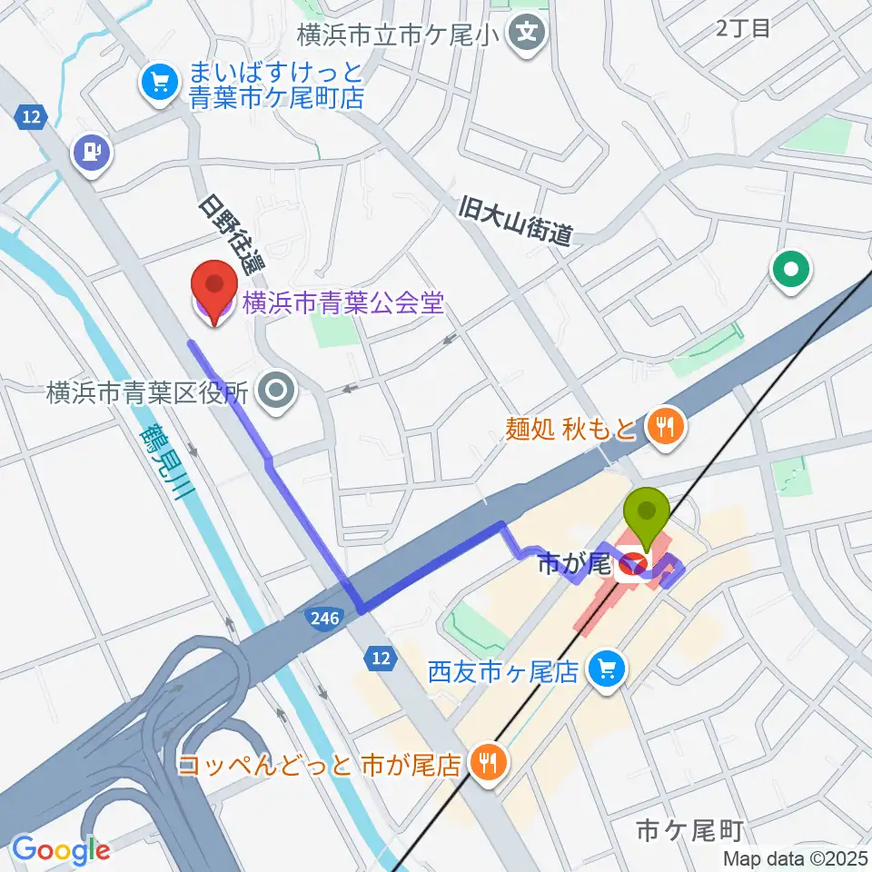 横浜市青葉公会堂の最寄駅市が尾駅からの徒歩ルート（約9分）地図