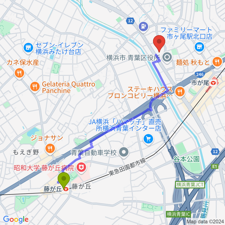 藤が丘駅から横浜市青葉公会堂へのルートマップ地図