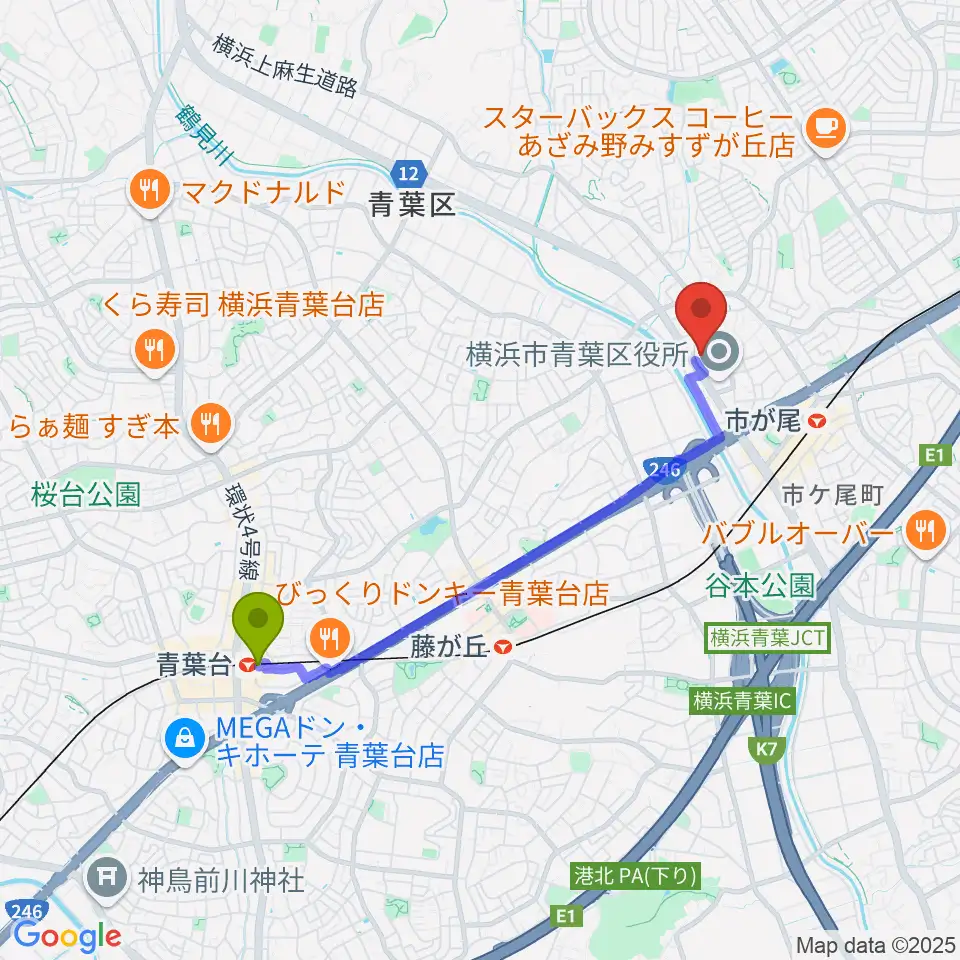青葉台駅から横浜市青葉公会堂へのルートマップ地図