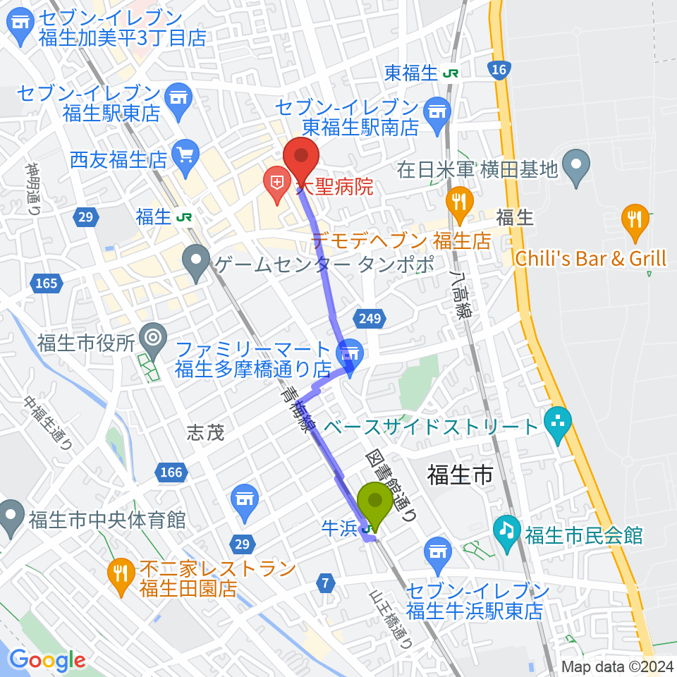 牛浜駅から福生ムーンタムへのルートマップ地図