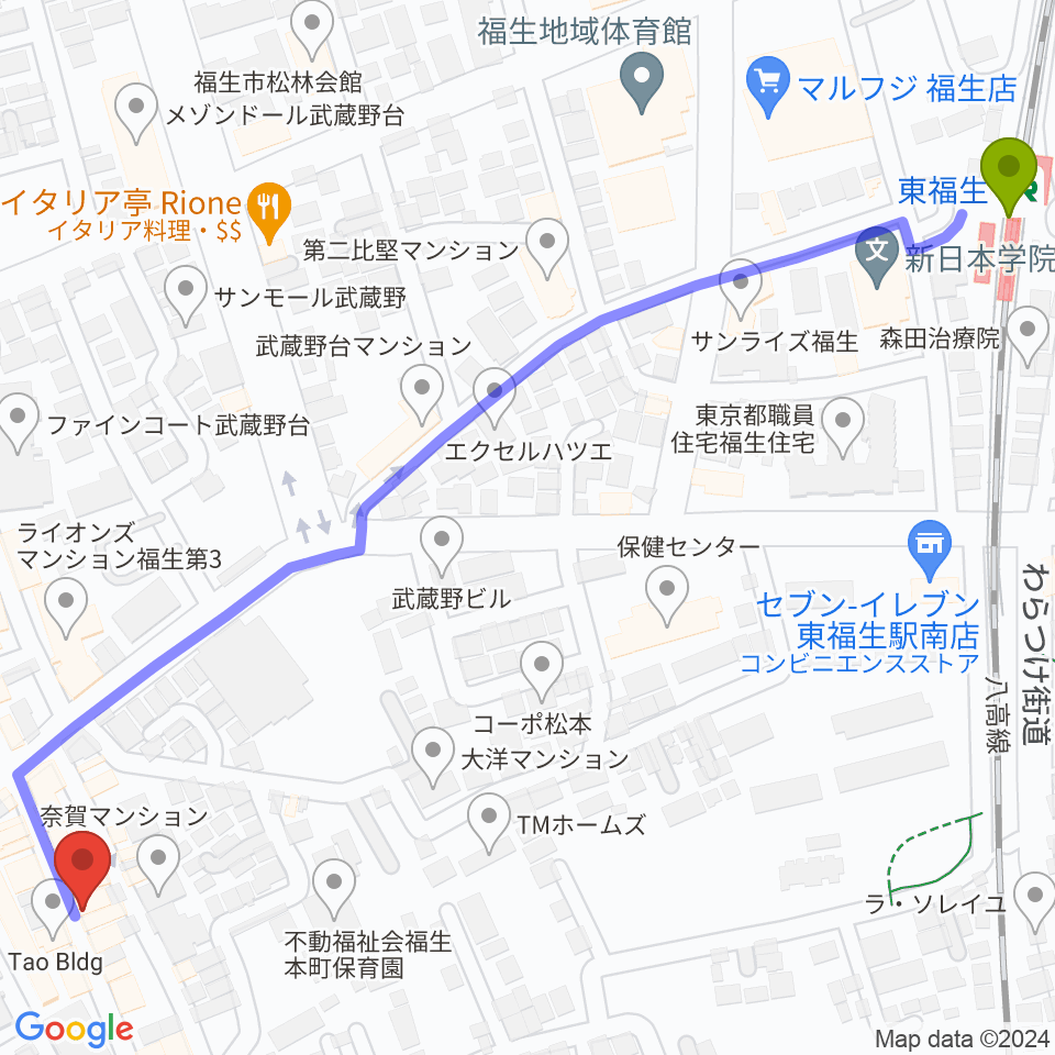 東福生駅から福生ムーンタムへのルートマップ地図