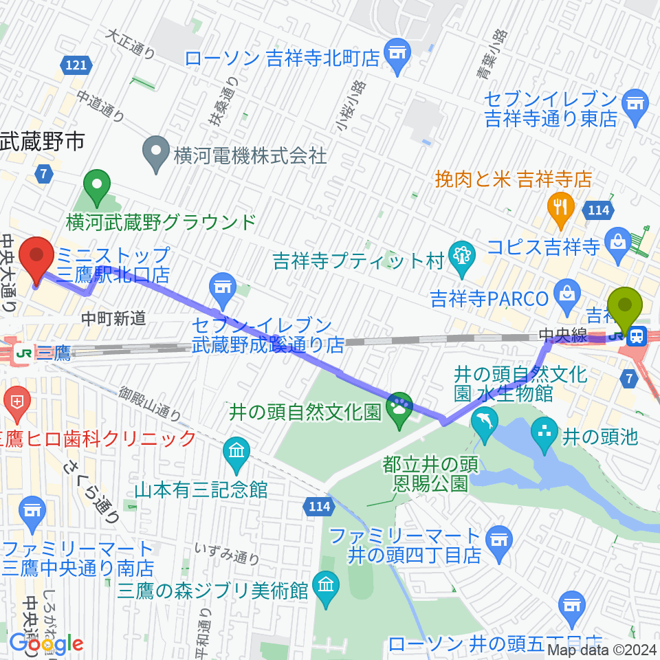吉祥寺駅からSONIDO IIへのルートマップ地図