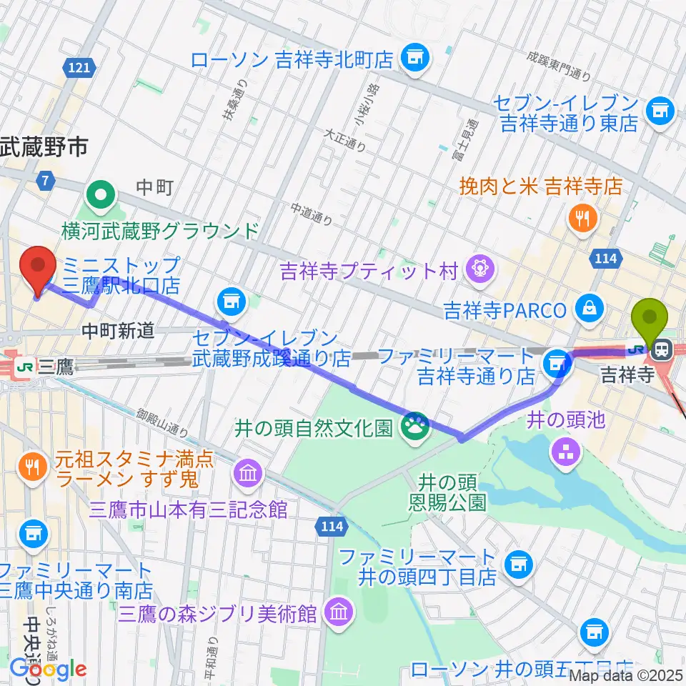 吉祥寺駅からSONIDO IIへのルートマップ地図