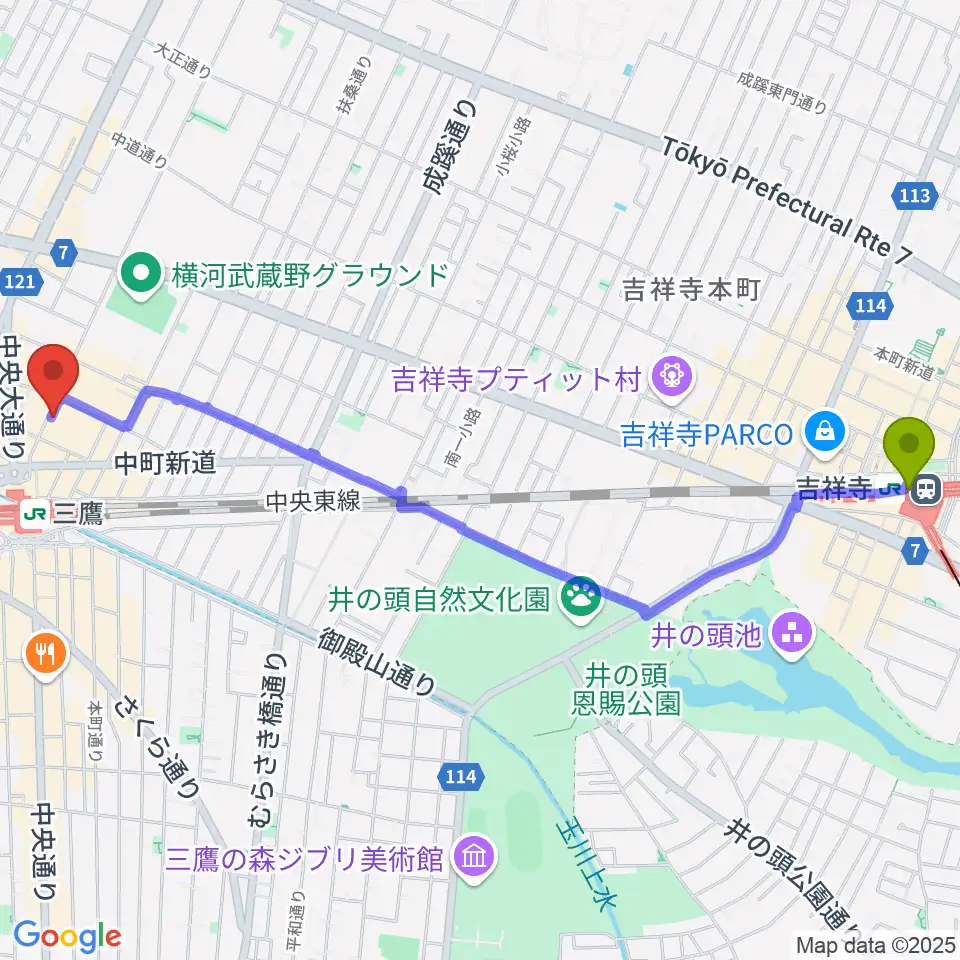 吉祥寺駅からSONIDO IIへのルートマップ地図
