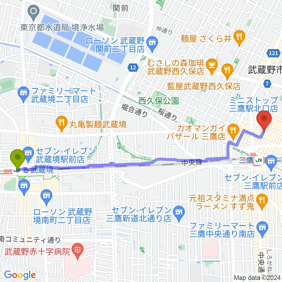武蔵境駅からSONIDO IIへのルートマップ地図