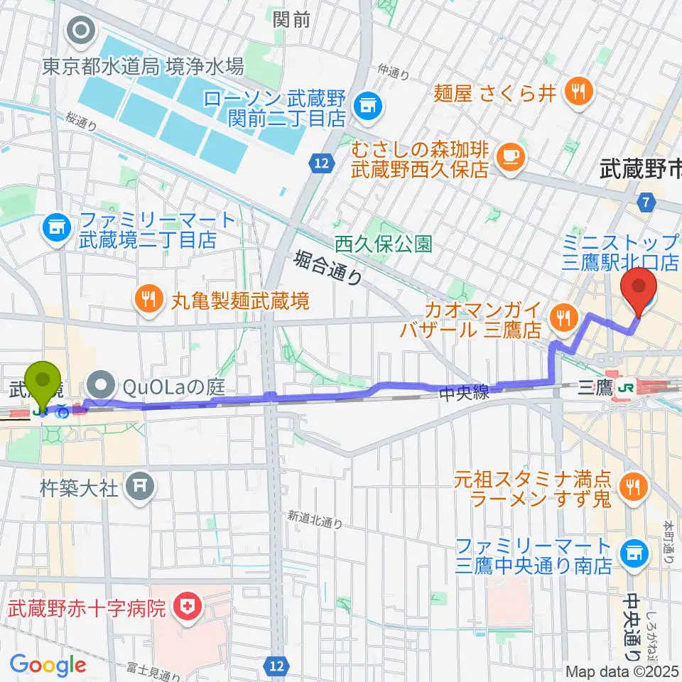武蔵境駅からSONIDO IIへのルートマップ地図