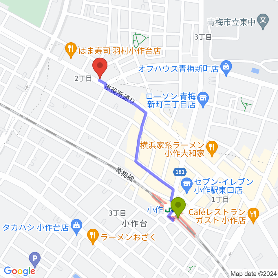 小作パーパスの最寄駅小作駅からの徒歩ルート（約9分）地図