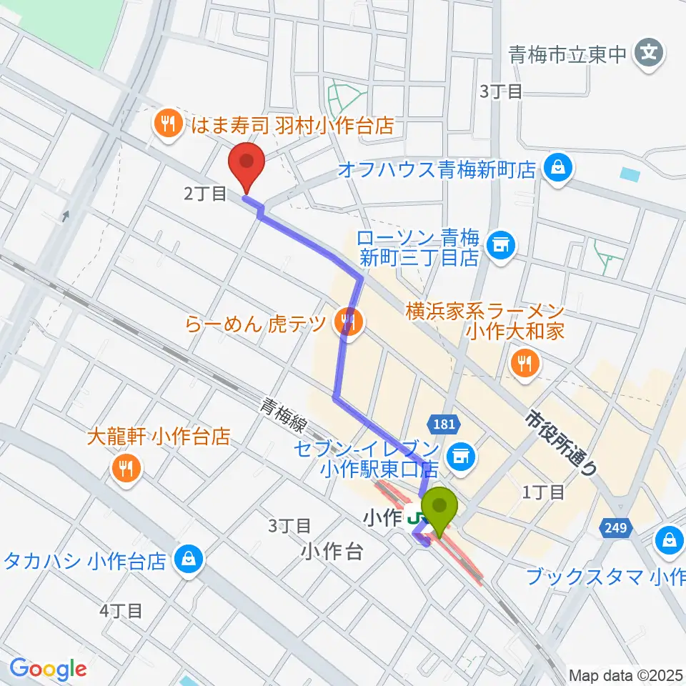 小作パーパスの最寄駅小作駅からの徒歩ルート（約9分）地図