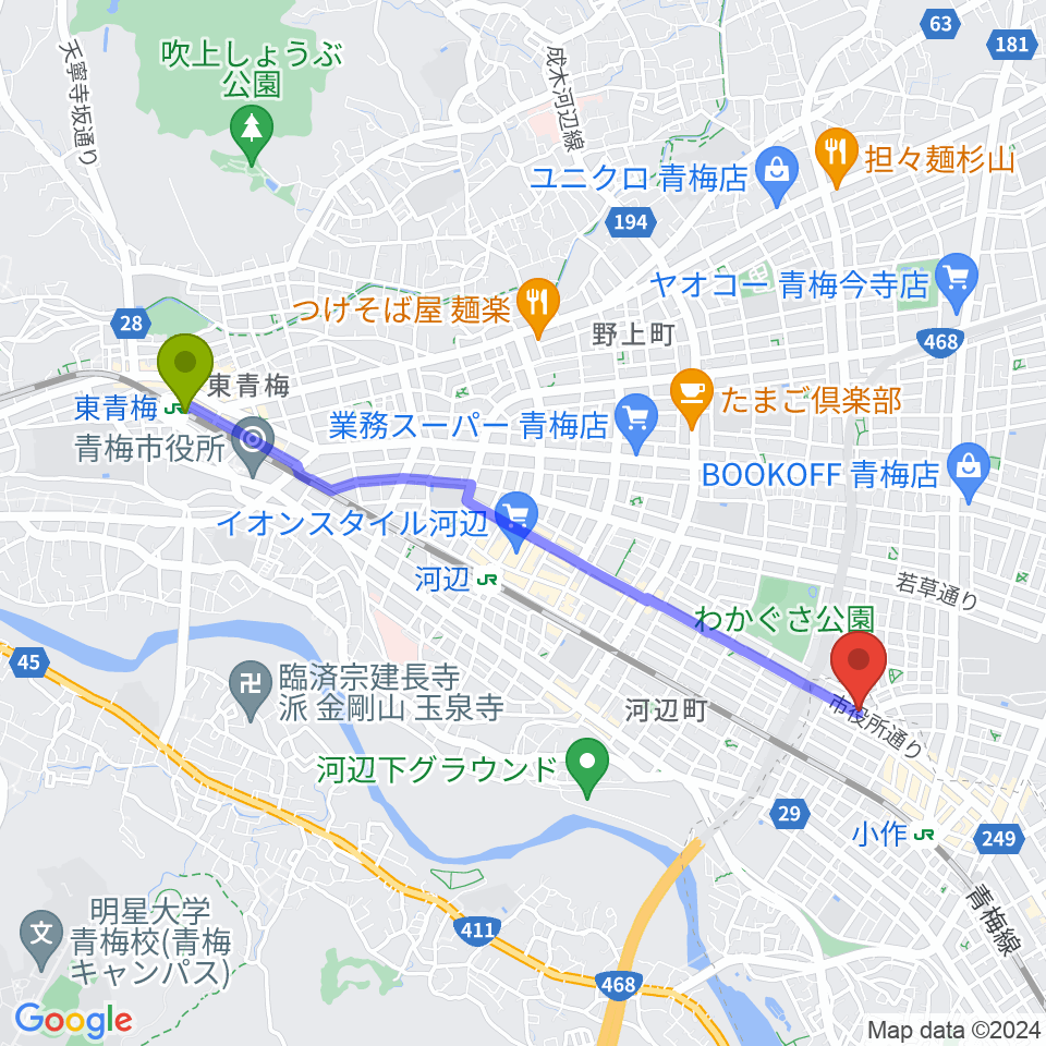 東青梅駅から小作パーパスへのルートマップ地図