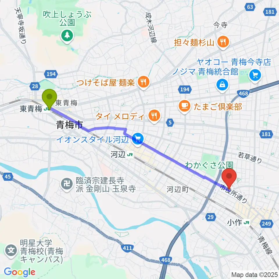 東青梅駅から小作パーパスへのルートマップ地図